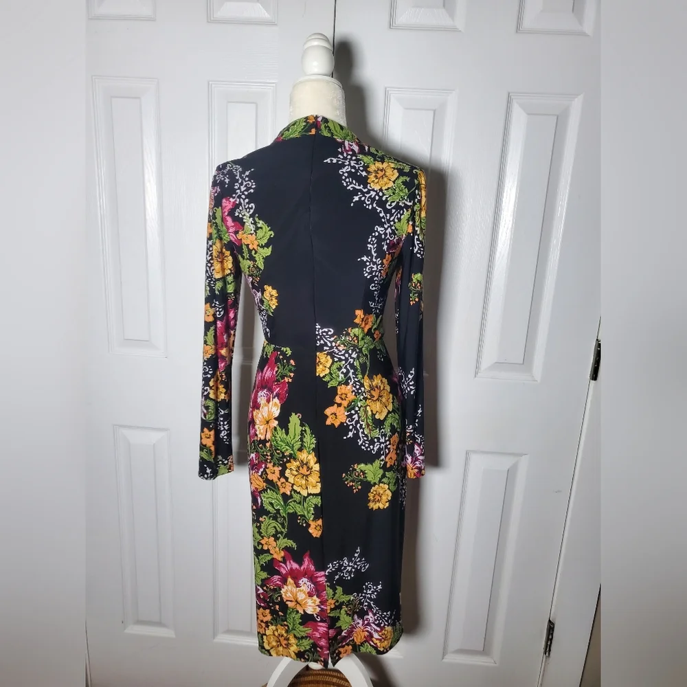 Clover and Sloane Long Sleeve Ruched Neck And Waist Lined Floral Pencil Dress - Picture 8 of 16